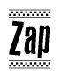The image contains the text Zap in a bold, stylized font, with a checkered flag pattern bordering the top and bottom of the text.