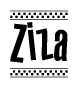 The image is a black and white clipart of the text Ziza in a bold, italicized font. The text is bordered by a dotted line on the top and bottom, and there are checkered flags positioned at both ends of the text, usually associated with racing or finishing lines.