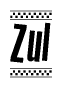 The image is a black and white clipart of the text Zul in a bold, italicized font. The text is bordered by a dotted line on the top and bottom, and there are checkered flags positioned at both ends of the text, usually associated with racing or finishing lines.