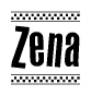 The image is a black and white clipart of the text Zena in a bold, italicized font. The text is bordered by a dotted line on the top and bottom, and there are checkered flags positioned at both ends of the text, usually associated with racing or finishing lines.