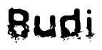 The image contains the word Budi in a stylized font with a static looking effect at the bottom of the words