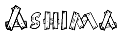 The clipart image shows the name Ashima stylized to look as if it has been constructed out of wooden planks or logs. Each letter is designed to resemble pieces of wood.