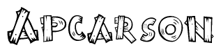 The clipart image shows the name Apcarson stylized to look as if it has been constructed out of wooden planks or logs. Each letter is designed to resemble pieces of wood.