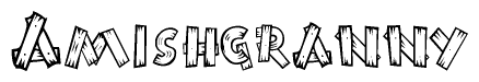 The image contains the name Amishgranny written in a decorative, stylized font with a hand-drawn appearance. The lines are made up of what appears to be planks of wood, which are nailed together