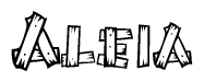 The image contains the name Aleia written in a decorative, stylized font with a hand-drawn appearance. The lines are made up of what appears to be planks of wood, which are nailed together