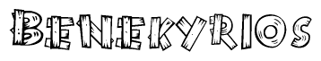 The image contains the name Benekyrios written in a decorative, stylized font with a hand-drawn appearance. The lines are made up of what appears to be planks of wood, which are nailed together