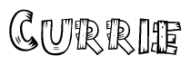 The image contains the name Currie written in a decorative, stylized font with a hand-drawn appearance. The lines are made up of what appears to be planks of wood, which are nailed together