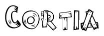 The clipart image shows the name Cortia stylized to look as if it has been constructed out of wooden planks or logs. Each letter is designed to resemble pieces of wood.