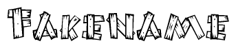 The image contains the name Fakename written in a decorative, stylized font with a hand-drawn appearance. The lines are made up of what appears to be planks of wood, which are nailed together