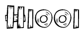 The image contains the name Hiooi written in a decorative, stylized font with a hand-drawn appearance. The lines are made up of what appears to be planks of wood, which are nailed together