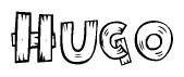 The image contains the name Hugo written in a decorative, stylized font with a hand-drawn appearance. The lines are made up of what appears to be planks of wood, which are nailed together