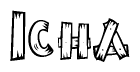 The clipart image shows the name Icha stylized to look as if it has been constructed out of wooden planks or logs. Each letter is designed to resemble pieces of wood.