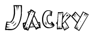 The image contains the name Jacky written in a decorative, stylized font with a hand-drawn appearance. The lines are made up of what appears to be planks of wood, which are nailed together