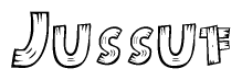 The image contains the name Jussuf written in a decorative, stylized font with a hand-drawn appearance. The lines are made up of what appears to be planks of wood, which are nailed together