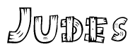 The image contains the name Judes written in a decorative, stylized font with a hand-drawn appearance. The lines are made up of what appears to be planks of wood, which are nailed together