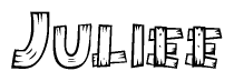 The image contains the name Juliee written in a decorative, stylized font with a hand-drawn appearance. The lines are made up of what appears to be planks of wood, which are nailed together