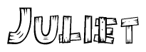 The image contains the name Juliet written in a decorative, stylized font with a hand-drawn appearance. The lines are made up of what appears to be planks of wood, which are nailed together