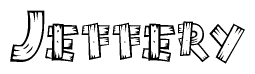 The clipart image shows the name Jeffery stylized to look like it is constructed out of separate wooden planks or boards, with each letter having wood grain and plank-like details.