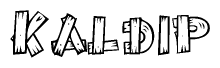 The image contains the name Kaldip written in a decorative, stylized font with a hand-drawn appearance. The lines are made up of what appears to be planks of wood, which are nailed together