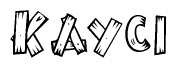 The image contains the name Kayci written in a decorative, stylized font with a hand-drawn appearance. The lines are made up of what appears to be planks of wood, which are nailed together