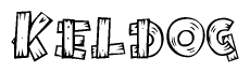 The clipart image shows the name Keldog stylized to look as if it has been constructed out of wooden planks or logs. Each letter is designed to resemble pieces of wood.