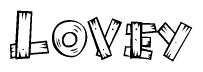 The clipart image shows the name Lovey stylized to look as if it has been constructed out of wooden planks or logs. Each letter is designed to resemble pieces of wood.