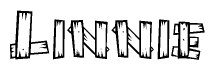 The clipart image shows the name Linnie stylized to look as if it has been constructed out of wooden planks or logs. Each letter is designed to resemble pieces of wood.