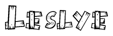 The image contains the name Leslye written in a decorative, stylized font with a hand-drawn appearance. The lines are made up of what appears to be planks of wood, which are nailed together