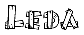 The image contains the name Leda written in a decorative, stylized font with a hand-drawn appearance. The lines are made up of what appears to be planks of wood, which are nailed together