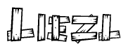 The image contains the name Liezl written in a decorative, stylized font with a hand-drawn appearance. The lines are made up of what appears to be planks of wood, which are nailed together