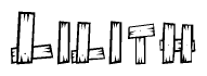 The clipart image shows the name Lilith stylized to look as if it has been constructed out of wooden planks or logs. Each letter is designed to resemble pieces of wood.