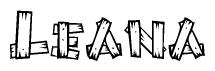 The image contains the name Leana written in a decorative, stylized font with a hand-drawn appearance. The lines are made up of what appears to be planks of wood, which are nailed together
