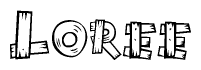 The image contains the name Loree written in a decorative, stylized font with a hand-drawn appearance. The lines are made up of what appears to be planks of wood, which are nailed together