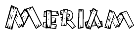 The image contains the name Meriam written in a decorative, stylized font with a hand-drawn appearance. The lines are made up of what appears to be planks of wood, which are nailed together