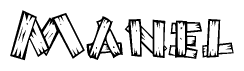 The image contains the name Manel written in a decorative, stylized font with a hand-drawn appearance. The lines are made up of what appears to be planks of wood, which are nailed together
