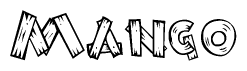 The image contains the name Mango written in a decorative, stylized font with a hand-drawn appearance. The lines are made up of what appears to be planks of wood, which are nailed together