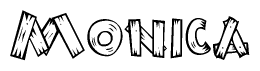 The image contains the name Monica written in a decorative, stylized font with a hand-drawn appearance. The lines are made up of what appears to be planks of wood, which are nailed together