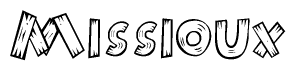 The clipart image shows the name Missioux stylized to look as if it has been constructed out of wooden planks or logs. Each letter is designed to resemble pieces of wood.