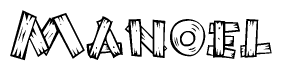 The image contains the name Manoel written in a decorative, stylized font with a hand-drawn appearance. The lines are made up of what appears to be planks of wood, which are nailed together