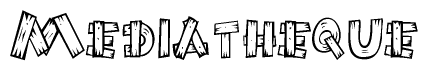 The clipart image shows the name Mediatheque stylized to look like it is constructed out of separate wooden planks or boards, with each letter having wood grain and plank-like details.