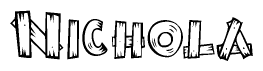 The image contains the name Nichola written in a decorative, stylized font with a hand-drawn appearance. The lines are made up of what appears to be planks of wood, which are nailed together