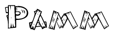 The image contains the name Pamm written in a decorative, stylized font with a hand-drawn appearance. The lines are made up of what appears to be planks of wood, which are nailed together