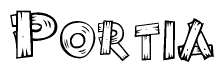The image contains the name Portia written in a decorative, stylized font with a hand-drawn appearance. The lines are made up of what appears to be planks of wood, which are nailed together