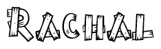 The image contains the name Rachal written in a decorative, stylized font with a hand-drawn appearance. The lines are made up of what appears to be planks of wood, which are nailed together