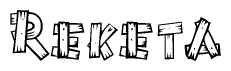 The image contains the name Reketa written in a decorative, stylized font with a hand-drawn appearance. The lines are made up of what appears to be planks of wood, which are nailed together