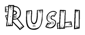 The image contains the name Rusli written in a decorative, stylized font with a hand-drawn appearance. The lines are made up of what appears to be planks of wood, which are nailed together