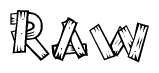The image contains the name Raw written in a decorative, stylized font with a hand-drawn appearance. The lines are made up of what appears to be planks of wood, which are nailed together