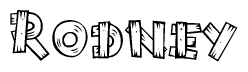 The clipart image shows the name Rodney stylized to look like it is constructed out of separate wooden planks or boards, with each letter having wood grain and plank-like details.