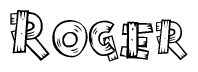 The image contains the name Roger written in a decorative, stylized font with a hand-drawn appearance. The lines are made up of what appears to be planks of wood, which are nailed together