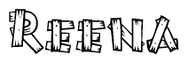 The image contains the name Reena written in a decorative, stylized font with a hand-drawn appearance. The lines are made up of what appears to be planks of wood, which are nailed together